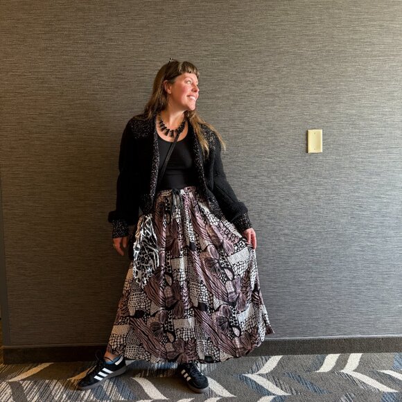 Vintage 90s Polka Dot Printed Broomstick Skirt Floral Op Art Elastic Waist L/XL - Picture 3 of 12